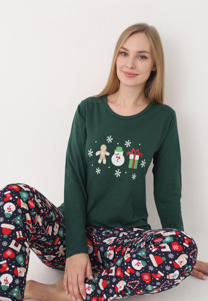 Pijama dama Craciun,maneca lunga si pantaloni lungi,imprimeu figurine festive, En-gros